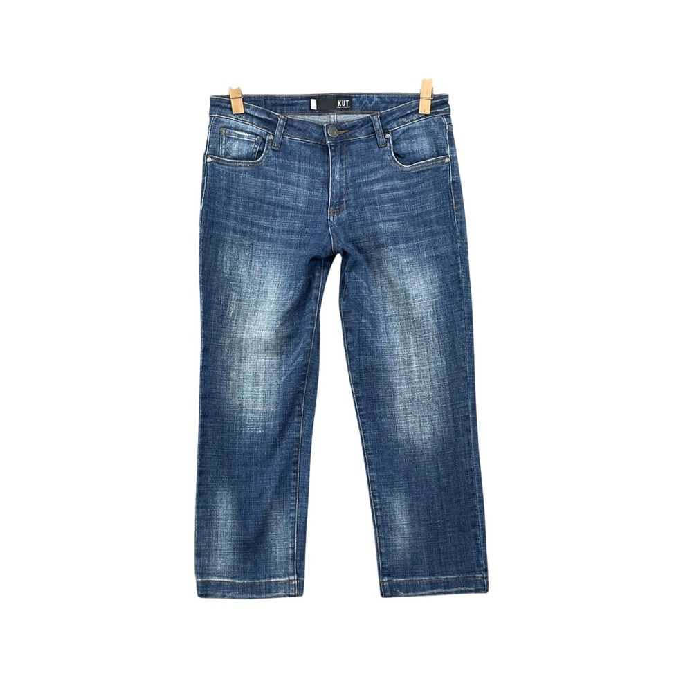 Kut from the Kloth Jeans Women 10 Blue Straight Leg Cropped Whiskered Denim